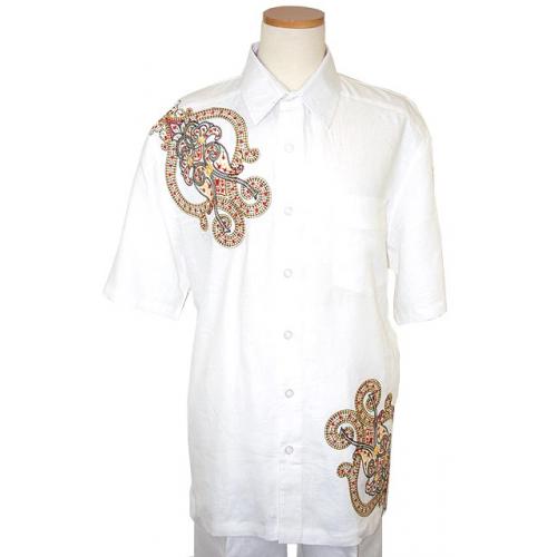 Prestige 100% Linen  White With Gold/Red Embroidered Design & Rhine Stones Outfit EMB9217